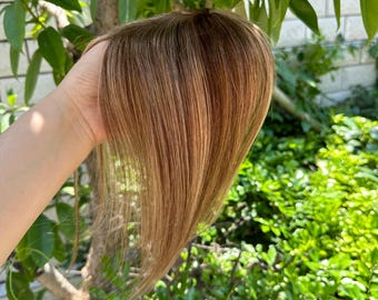 10" Real Human Hair Topper for Women, 7x10cm Mini Machine-Made Base, Shade #P4/27 Mixed Highlight Blonde, Straight Clip-in Hairpiece