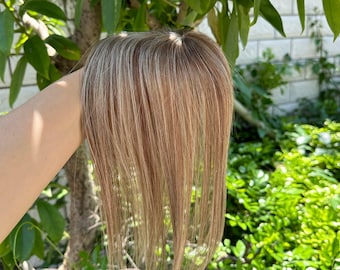 10" Mini Human Hair Topper for Women, 7x10cm Lightweight Machine-Made Base, Shade #P6/613 Mixed Piano Blonde