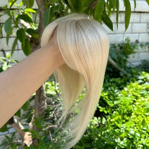 May include: A light blonde hair topper, held up against a backdrop of green foliage. The hairpiece appears to be made of straight, fine hair, and is a light, natural blonde color. The hairpiece is designed to add volume and coverage.