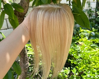 7x10cm Mini Machine-Made Base, Shade #P27/613 Honey Blonde Mixed Bleach Blonde, Straight Clip-in Hairpiece for Crown Volume & Grey Coverage
