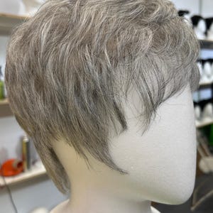 May include: A short, layered wig with a mix of gray and light brown hair, styled on a white mannequin head. The wig features a side part and a textured, natural look, suitable for everyday wear.