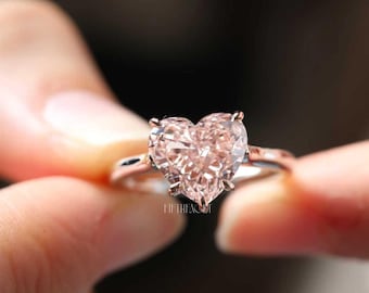 Roze hart geslepen lab diamanten verlovingsring cadeau voor haar | Massief gouden solitairring | Romantische hartvorm voorstelring, FifthFacet