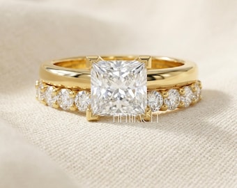 Princess Cut Diamond Bridal Ring Set Gift for Her | Solid Gold Curved Wedding Band Set | Unique Lab Diamond Engagement Ring  , FifthFacet