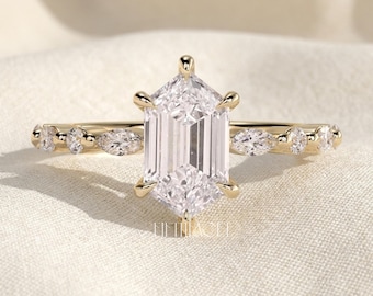 Hexagon Cut Lab Grown Diamond Engagement Ring Gift for Her | Solid Gold Marquise Side Stone Ring | Geometric Art Deco Proposal Ring