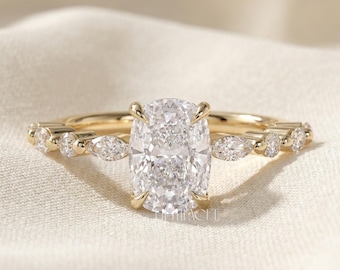 Elongated Cushion Lab Grown Diamond Engagement Ring Gift for Her | Solid Gold Side Stone Ring | Nature Inspired Proposal Anniversary Ring