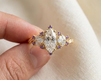Marquise Cut Lab Grown Diamond Engagement Ring Gift for Her | Solid Gold Purple Gemstone Accent Ring | Vintage Floral Proposal Ring
