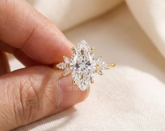 Marquise Cut Lab Grown Diamond Engagement Ring Gift for Her | Solid Gold Floral Leaf Side Stone Ring | Unique Nature Inspired Proposal Ring