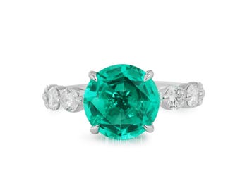 Ronde smaragdgroene edelsteenring cadeau voor haar | Witgouden stenen ring met diamant aan de zijkant | Klassieke solitaire-verlovingsring, jubileumcadeau
