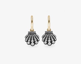 Diamond Seashell Huggie Hoop Earrings Gift for Her | Solid Gold Black Rhodium Shell Drop Earrings  Beach Inspired Charm Earrings,FifthFacet