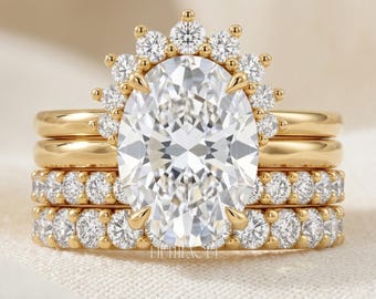 Conjunto de anillos de boda ovalados con diamantes cultivados en laboratorio, regalo para ella / Tiara de oro macizo / Joyería única apilable para propuesta de matrimonio, FifthFacet