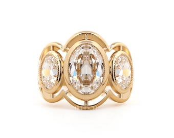Bague de fiançailles diamant ovale taille mine laboratoire pour elle | Bague victorienne en or jaune avec lunette | Bague proposition trois pierres , FifthFacet