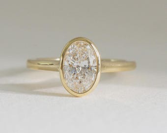 Oval Cut Lab Grown Diamond Engagement Ring Gift for Her | Solid Gold Bezel Solitaire Ring | Modern Minimalist Proposal Ring