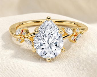 Pear Cut Lab Grown Diamond Engagement Ring Gift for Her | Solid Gold Vine Side Stone Ring | Unique Botanical Proposal Ring