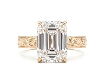 Bague de fiançailles diamant laboratoire taille émeraude cadeau pour elle | Bague florale vintage en or massif | Bague unique Art Déco pour proposition, FifthFacet