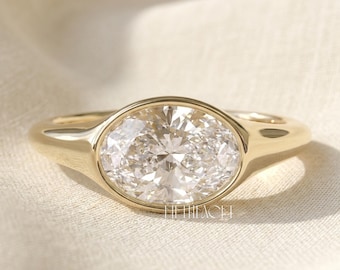 Oval Cut Lab Grown Diamond Bezel Engagement Ring Gift for Her | Solid Gold East West Solitaire Ring | Minimalist Proposal Ring , FifthFacet