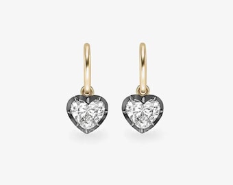 Hartgeslepen lab-diamanten hoepeloorbellen Cadeau voor haar | Massief gouden Huggie-druppeloorbellen | Hartvormige hangoorbellen met zwarte omlijsting, FifthFacet