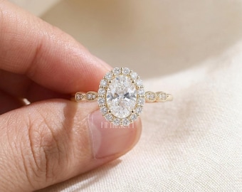 Oval Cut Lab Grown Diamond Halo Engagement Ring Gift for Her | Solid Gold Diamond Accent Ring | Unique Vintage Proposal Ring , FifthFacet