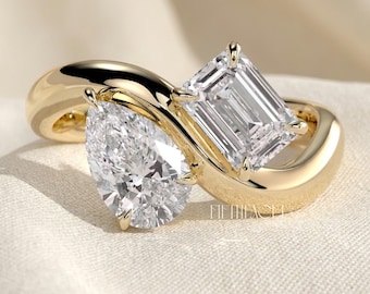 Pear & Emerald Cut Lab Grown Diamond Ring Gift for Her | Solid Gold Toi et Moi Engagement Ring | Unique Bypass Proposal Ring , FifthFacet