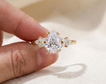 Pear Cut Lab Grown Diamond Engagement Ring Gift for Her | Solid Gold Floral Side Stone Ring | Unique Flower Proposal Ring , FifthFacet