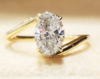 Anillo de compromiso ovalado con diamante y diseño de derivación, regalo para ella / Anillo solitario ovalado de oro macizo / Anillo de propuesta con banda retorcida única, FifthFacet