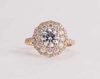 Round Lab grown diamond Halo Engagement Ring Gift for Her | Double Halo Solid Gold Ring with Pavé Band | Luxury Bridal Ring for Women