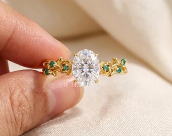 Oval Cut Lab Grown Diamond Engagement Ring Gift for Her | Solid Gold Emerald Accent Floral Ring | Unique Vintage Inspired Proposal Ring