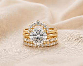 Conjunto de anillos de boda redondos con diamantes cultivados en laboratorio, regalo para ella / Tiara de oro macizo / Joyería de lujo apilable para propuesta de matrimonio, FifthFacet