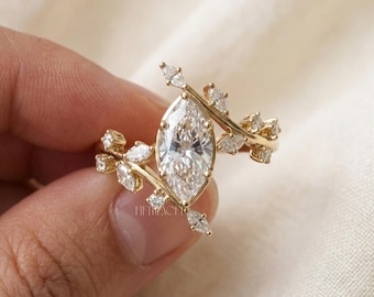Marquise Cut Lab Grown Diamond Engagement Ring Gift for Her | Solid Gold Floral Vine Diamond Ring | Unique Nature Inspired Proposal Ring