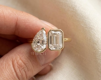 Pear & Emerald Cut Lab Grown Diamond Toi et Moi Ring Gift for Her | Solid Gold Bezel Engagement Ring | Unique Two Stone Proposal Ring
