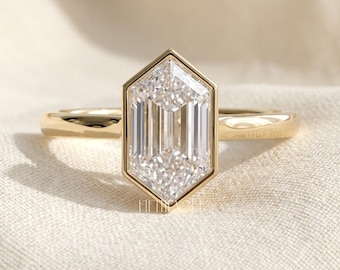 Hexagon Cut Lab Grown Diamond Engagement Ring Gift for Her | Solid Gold Bezel Set Ring | Unique Minimalist Proposal  Ring , FifthFacet