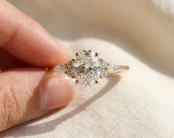Oval Cut Lab Grown Diamond Engagement Ring Gift for Her | Solid Gold Pear Side Stone Ring | Unique Cluster Proposal Ring , FifthFacet