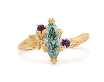 Blauwgroene Marquise Lab diamanten verlovingsring cadeau voor haar | Massief gouden op de natuur geïnspireerde bladring | Unieke art nouveau-aanzoekring
