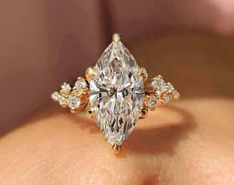 Marquise Cut Lab Grown Diamond Engagement Ring Gift for Her | Solid Gold Diamond Cluster Ring | Unique Proposal Ring , FifthFacet