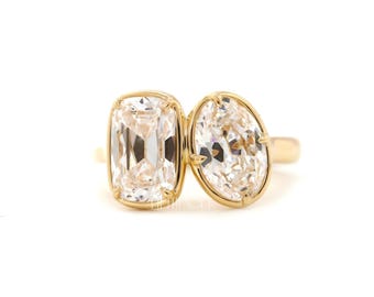 Toi et moi coussin et bague ovale Lab avec diamants pour elle | Bague de fiançailles deux pierres en or jaune | Bague unique pour proposition, FifthFacet