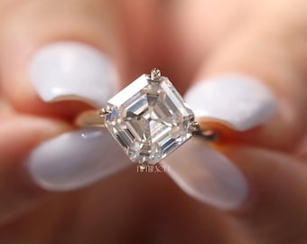 Bague de fiançailles en diamant de laboratoire taille Asscher antique pour elle | Bague solitaire 4 griffes en or jaune | Bague proposition tête flottante, FifthFacet