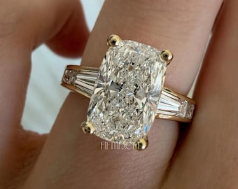Anillo de diamantes talla radiante, regalo para ella / Anillo de compromiso de oro macizo con tres piedras / Anillo nupcial de diamantes talla baguette cónica, FifthFacet