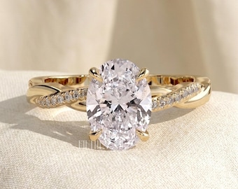 Oval Cut Lab Grown Diamond Engagement Ring Gift for Her | Solid Gold Twisted Pave Ring | Unique Diamond Proposal Ring , FifthFacet