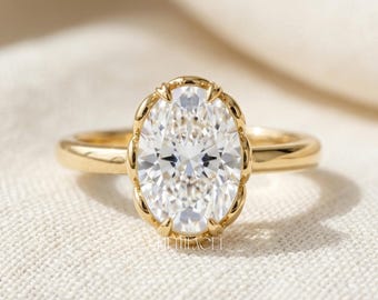 Oval Diamond Crown Solitaire Ring Gift for Her | Solid Gold Vintage Engagement Ring | Unique Lab Diamond Promise Ring , FifthFacet