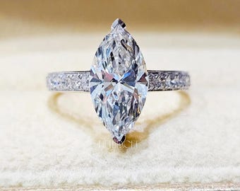 Anillo de compromiso con diamante talla marquesa, regalo para ella / Anillo de oro macizo con diamantes pavé / Anillo único para propuesta de matrimonio, FifthFacet