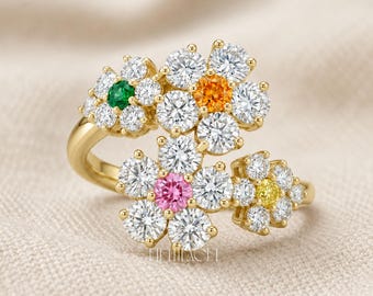 Multicolor Flower Diamond Ring Gift for Her | Solid Gold Floral Cluster Ring | Lab Grown Diamond Statement Ring , Unique Ring , FifthFacet