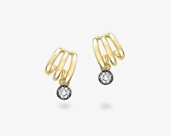 Ronde lab-diamanten oorbellen cadeau voor haar | Massief gouden drievoudige Huggie-oorbellen | Zwarte rhodiumdiamanten bedeloorbellen, FifthFacet
