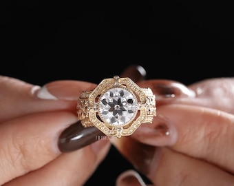 Bague de fiançailles avec diamants de laboratoire taille ancienne européenne pour elle | Bague en or jaune avec lunette millegrain | Bague proposition Art Déco vintage, FifthFacet