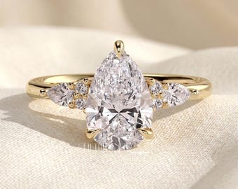Pear Cut Lab Grown Diamond Engagement Ring Gift for Her | Solid Gold Pear Side Stone Ring | Unique Three Stone Proposal Ring ,