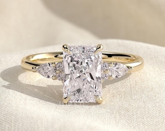 Radiant Cut Lab Grown Diamond Engagement Ring Gift for Her | Solid Gold Pear Side Stone Ring | Unique Three Stone Proposal Ring ,FifthFacet