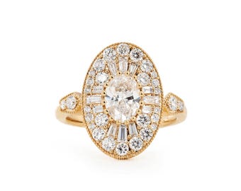 Ovaal geslepen lab diamanten verlovingsring cadeau voor haar | Massief gouden halo stokbroodring | Vintage art-deco voorstelring, FifthFacet