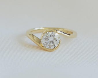 Round Lab Grown Diamond Engagement Ring Gift for Her | Solid Gold Swirl Bypass Solitaire Ring | Modern Minimalist Proposal Ring Fifthfacet