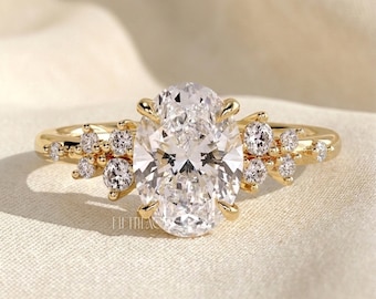 Oval Cut Lab Grown Diamond Engagement Ring Gift for Her | Solid Gold Round Side Stone Ring | Unique Floral Proposal Ring , FifthFacet