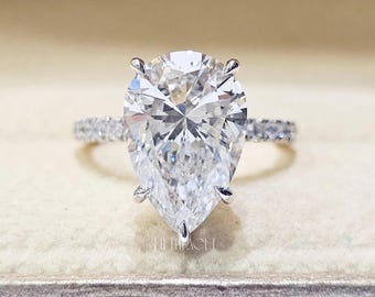 Anillo de compromiso con diamante en forma de pera, regalo para ella / Anillo de oro blanco macizo con banda pavé / Anillo nupcial único con diamante de laboratorio, FifthFacet