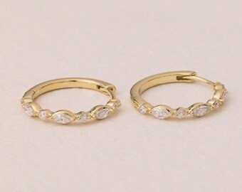 Marquise & Round Diamond Hoop Earrings Gift for Her | Solid Gold Huggie Earrings | Lab Grown Diamond Bridal Earrings , FifthFacet