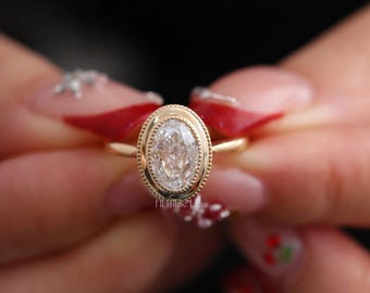 Oval Cut Lab Diamond Engagement Ring Gift for Her | Solid Gold Milgrain Bezel Ring | Vintage Solitaire Proposal Ring  , FifthFacet